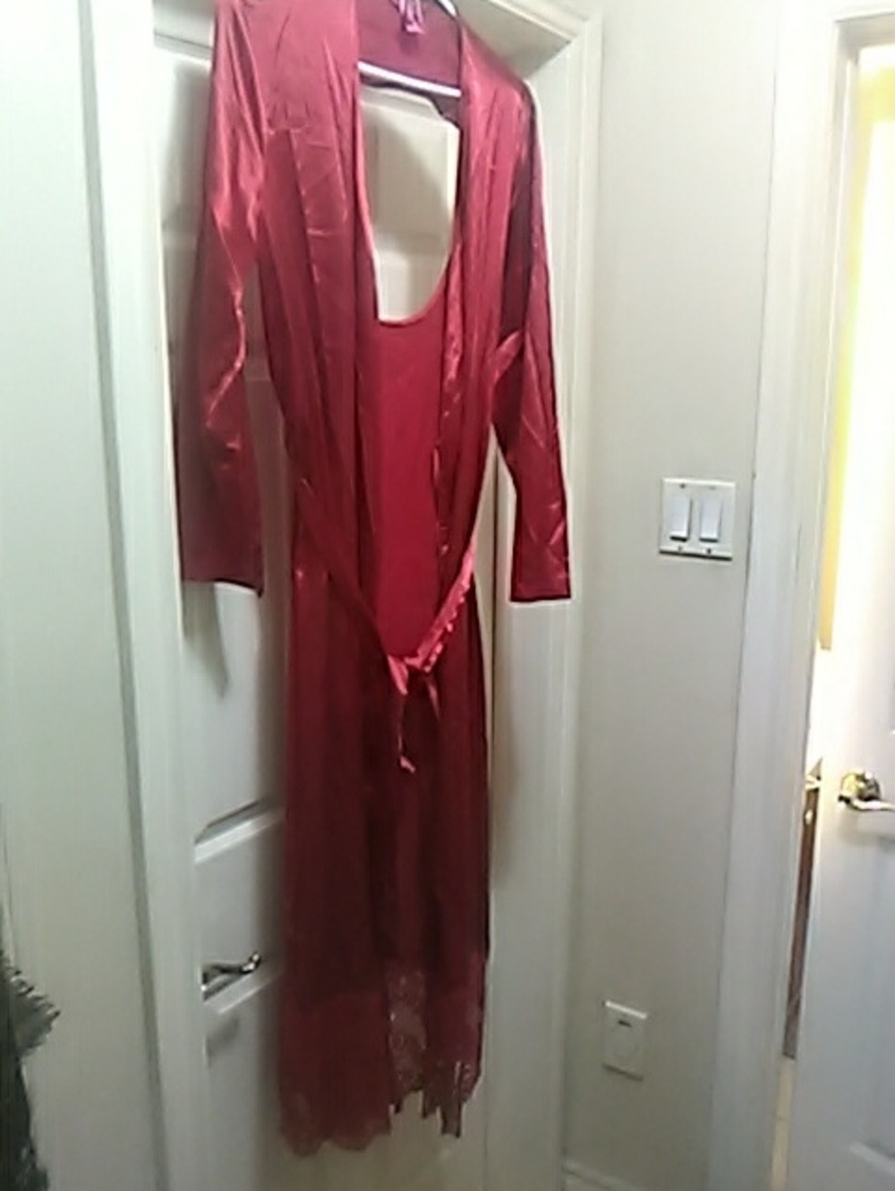 La SENZA Red Satin Long Robe with Lace Trim
